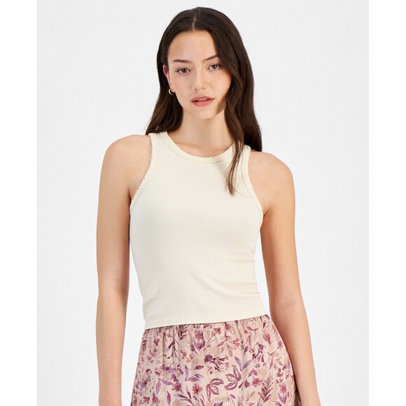 Planet Heart Juniors Distressed Ribbed Seamless Tank Top, Tan, S - Picture 2 of 4